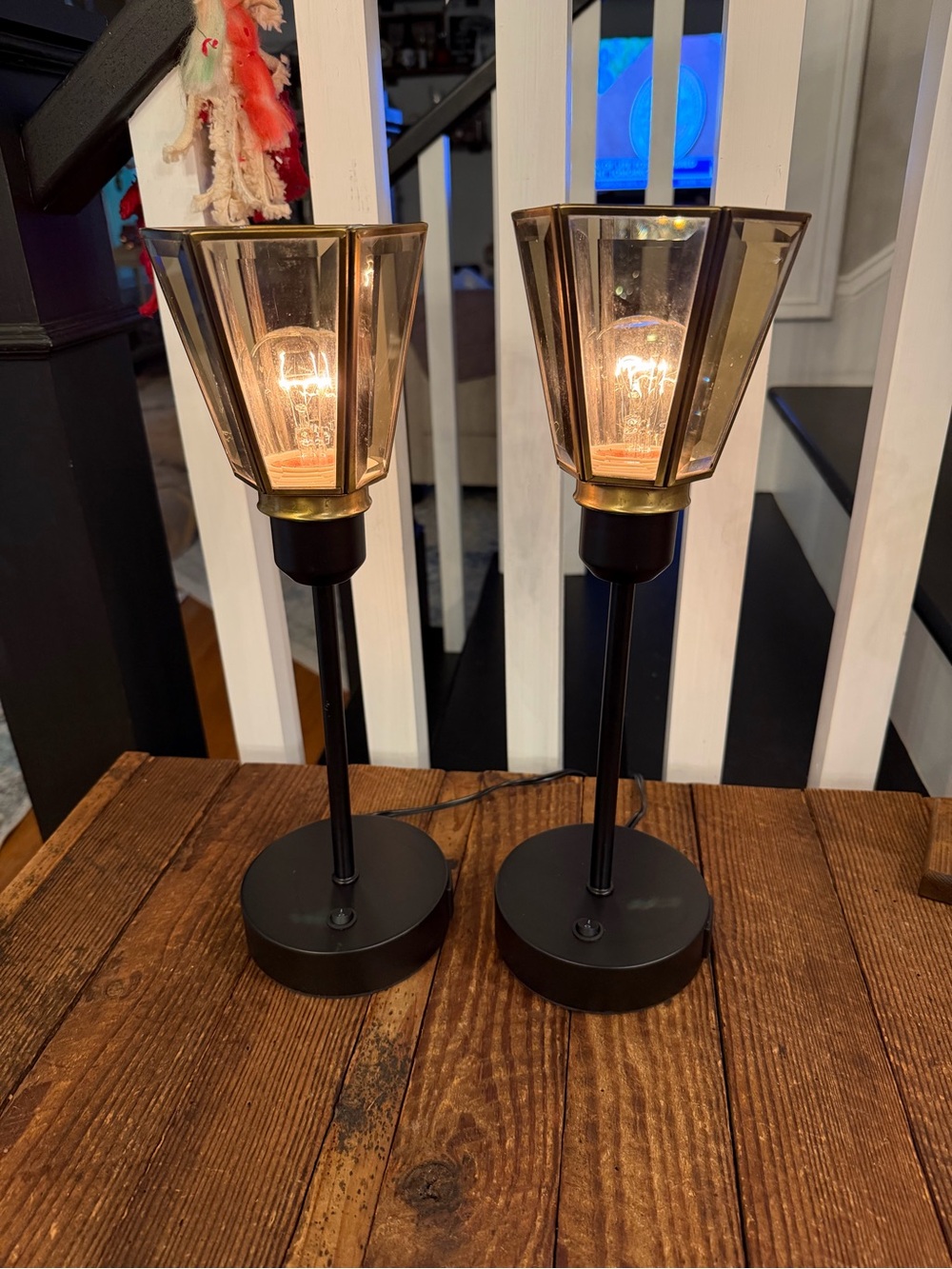 Black Metal Table Lamps with Amber Glass Shades - Set of 2